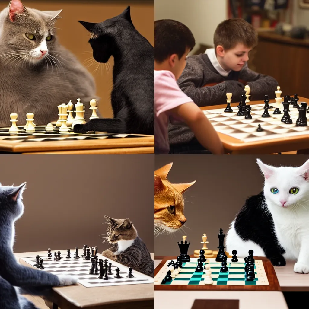 Prompt: 2 cats sitting at a table playing a chess tournament