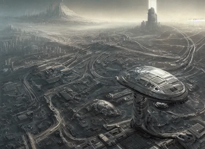 Prompt: cult of technology, exterior, scifi, machines, artificial intelligence!!, ultra realistic!!!, highly detailed, brain in a vat!!, futuristic landscape, industrial, city, utopian architecture, birds eye view, atmosphere, masterpiece, epic lighting, glow, mysterious, cinematic, art by patryk olkiewicz and chris ostrowski