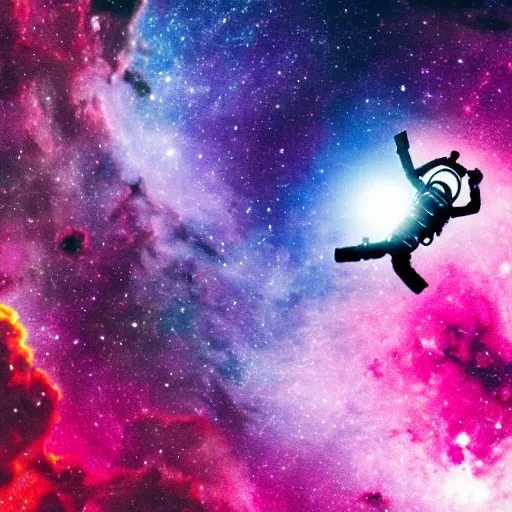 Image similar to an astronaut floats in a colorful nebula