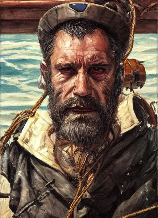 Image similar to portrait of grizzled sailor on ship deck, coherent! by brom, deep color, strong line, high contrast