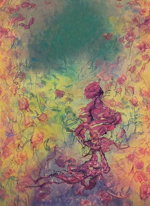 Prompt: a beautiful creature drowning in flowers, blurred, grotesque, doomed, neural acrylic paint, high resolution, gouache on canvas, ultra detailed, vibrant colors, grotesque, wrapped thermal background, slimey, high resolution, cinematic, unreal 6, art by francis bacon, beksinski painting