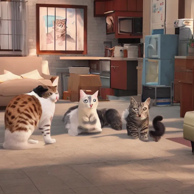 Image similar to american sitcom seinfeld but with cats, volumetric, realistic, cinematic lighting, ray tracing, unreal engine 5, unreal engine render, octane render, hyper realistic, photo, 8 k