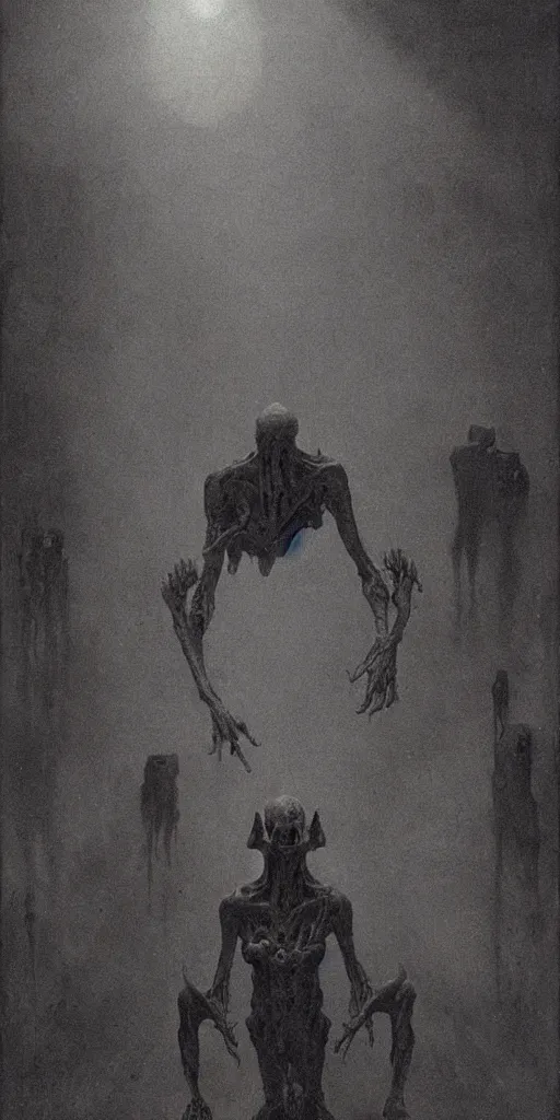 Image similar to demonic alien with long fingers at the foot of the bed in a dark room, tombstones, cows, Beksinski