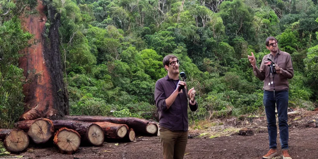 Image similar to bbc tv presenter louis theroux holding a microphone talking to kauri loggers at great barrier island, new zealand. enormous giant logs in background 1 9 2 0's