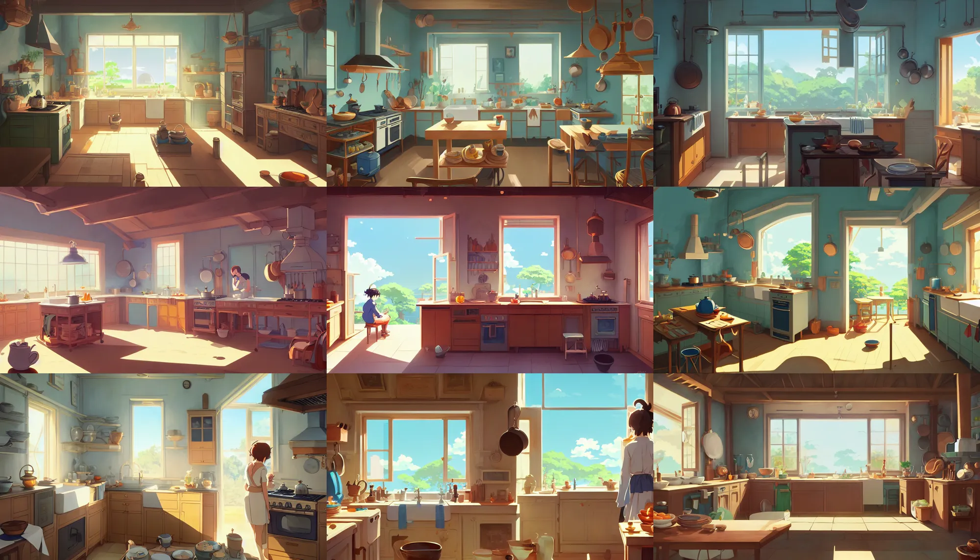 Prompt: house kitchen on a sunny day, artstation, elegant, highly detailed, digital painting, concept art, smooth, sharp focus, illustration, art by studio ghibli, fujita goro, atey ghailan, tom whalen, jean giraud 8 k