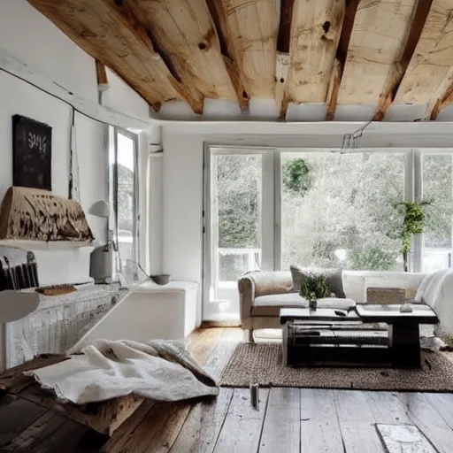 Prompt: a very clean cottage interior. cozy. artistic. simplistic