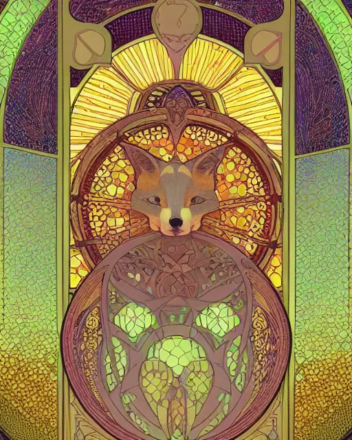 Prompt: fox carving art, cell shading, voronoi, fibonacci sequence, sacred geometry by Alphonse Mucha, Moebius, hiroshi yoshida, Art Nouveau, colorful, ultradetailed, 2 vivid colour, 3d