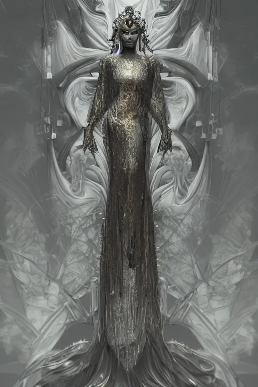 Image similar to a realistic moody photo of a beautiful ancient alien woman goddess kate moss durga standing in iris van herpen dress jewelery and fractals in style of alphonse mucha art nuvo dmt trending on artstation made in unreal engine 4