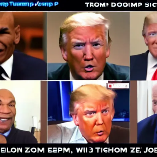 Prompt: a zoom meeting with mike tyson, donald trump, and joe biden.