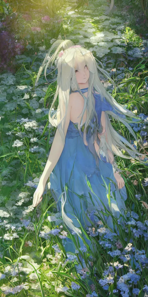 Image similar to a digital art of a loli with long hair in a dress in the privet garden at after noon, green and warm theme, mediumslateblue flowers, low angle, back lighting, by krenz cushart and mucha and akihito yoshida and greg rutkowski and makoto shinkai, highly detailed, 4 k resolution, trending on art station