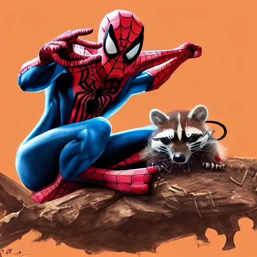 Image similar to spider - man sit on the raccoon and eating donuts, concept art, trending on artstation, highly detailed, intricate, sharp focus, digital art, 8 k