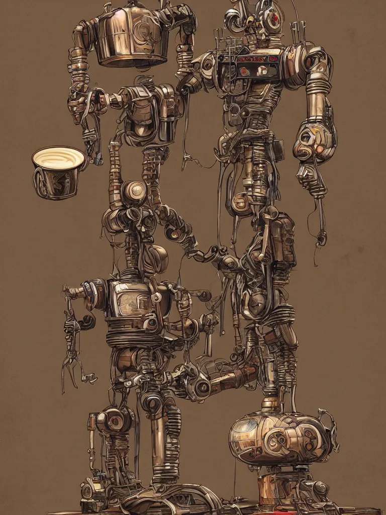 Prompt: full-length portrait of a singular old mechanical robot offering a cup of steaming coffee, by Simon Stalenhaag, sharp focus, fresh colors, deviantart, conceptart