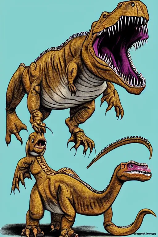 Image similar to trex and a dinosaur, art style ben garrison!!!!!!!!!!!!!!!! drawn by ben garrison, iconic, masterpiece, ornate and detailed, cartoon