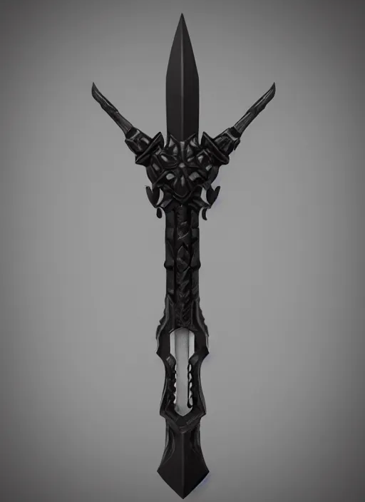 Prompt: a black long sword skull crest, orthographic, ornament, weapon, a 3 d render by dom qwek, front side views full, trending on polycount, artstation, hard surface modeling, rendered in maya, 3 ds max, blender, hd, vray, berserk blood, symmetry