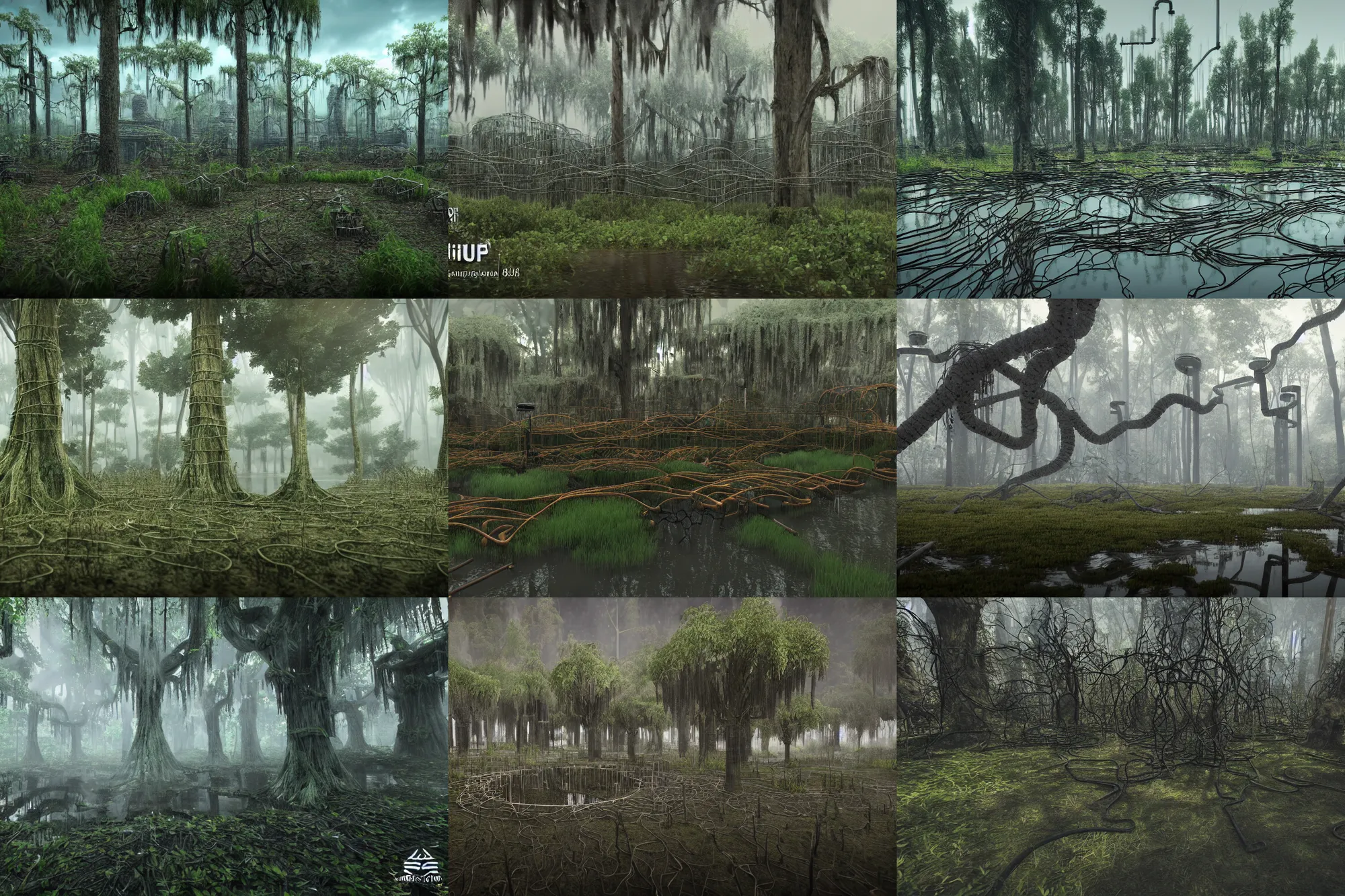 Prompt: Swamp full of trees made out of wires and pipes with a clearing and ancient temple in the center, render, trending on art station, unreal engine