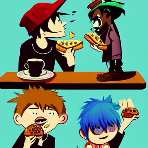 Prompt: the characters from gorillaz are eating at a pizza place