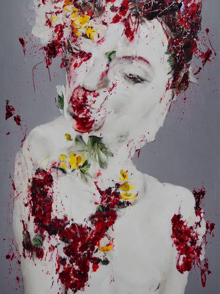 Image similar to “art in an Australian artist’s apartment, portrait of a woman wearing loose white cotton clothing, stained with fresh berries and maple syrup, edible flowers, acrylic and spray paint and oilstick on canvas”