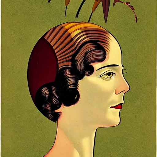 Prompt: Art in the style of Coles Phillips, Gaia, Mother Earth, side portrait, mask inside mask