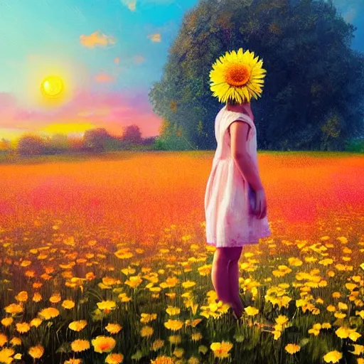 Image similar to head made of giant daisies, girl standing barefoot in a flower field, holding flowers, surreal photography, sunrise dramatic light, impressionist painting, colorful clouds, large sky, digital painting, artstation, simon stalenhag, flower face