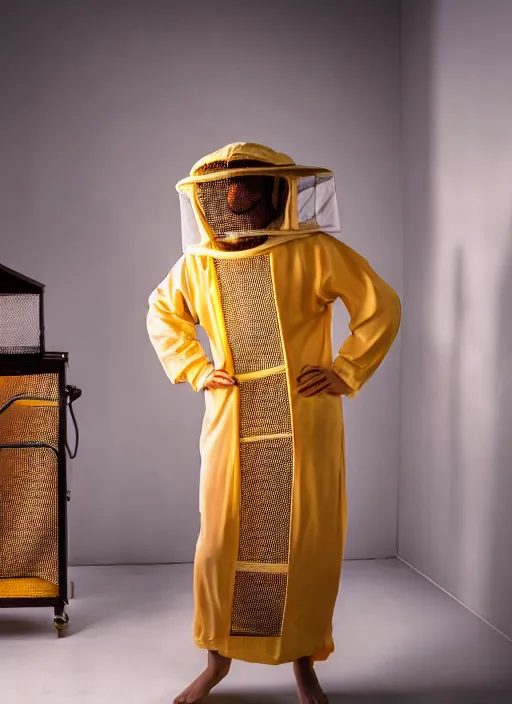 Image similar to futuristic female beekeeper, wearing silky nanotech honeycomb robe, dramatic lighting, golden colors, light shaft