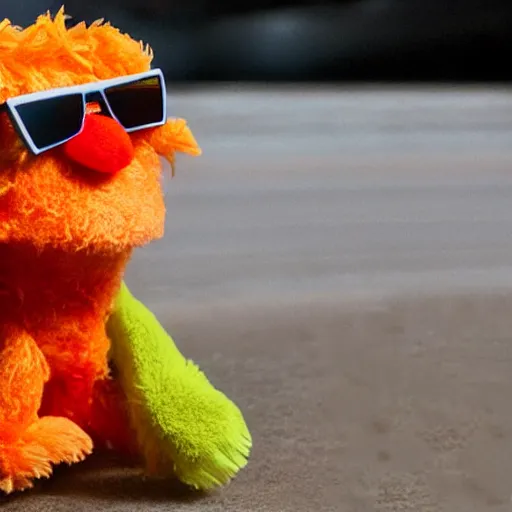 Prompt: bip bippadotta, happy meal toy, orange fuzzy muppet, wearing sunglasses