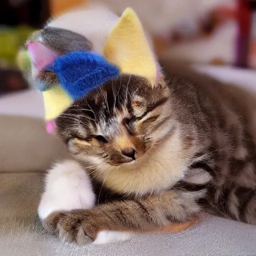 Image similar to cute cat photo wearing wool hat doing mlem cat ears