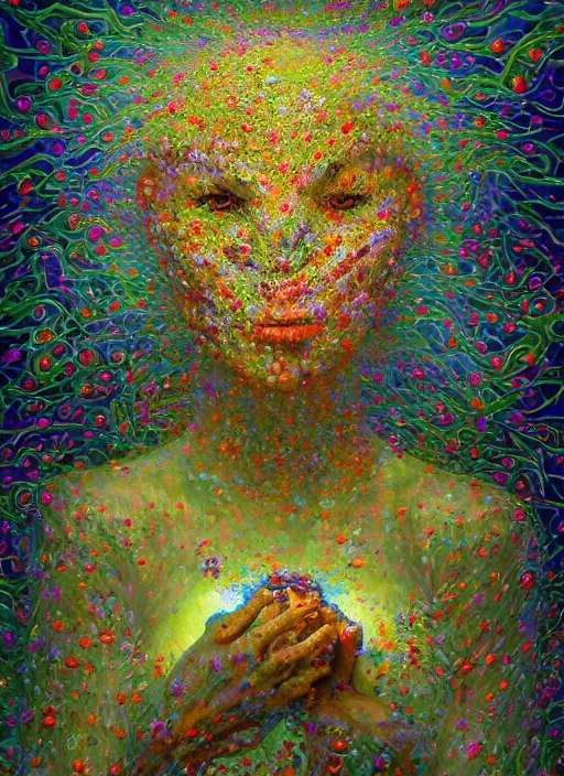 Image similar to hyper detailed 3d render like a Oil painting - Aurora (Singer) Eats of the Strangling Fruit of penance open eyes and Her Hands full of gossamer polyp blossoms bring iridescent fungal flowers whose spores black the foolish stars by Jacek Yerka, Mariusz Lewandowski, Houdini algorithmic generative render, Abstract brush strokes, Masterpiece, Edward Hopper and James Gilleard, Zdzislaw Beksinski, Mark Ryden, Wolfgang Lettl, hints of Yayoi Kasuma, octane render, 8k