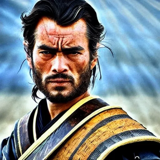 Image similar to handsome and strong kurdish!!!! samurai in a movie directed by christopher nolan, movie still frame, promotional image, imax 7 0 mm footage, perfect symmetrical facial features