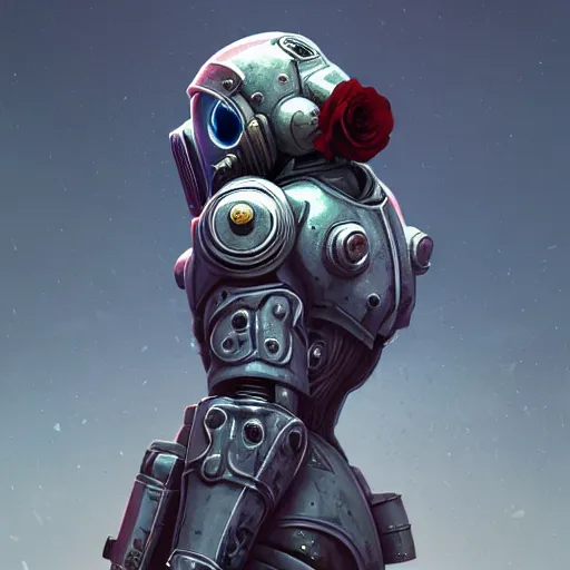 Prompt: perfectly - centered!! looking at the camera!!! low - angle!! full body portrait of fallout brotherhood in white power armor with roses, intricate abstract helmet intricate artwork, by tooth wu, wlop, beeple, dan mumford. concept art, octane render, deviantart, greg rutkowski, cinematic arthouse, key art, hyper realism, iridescent accents