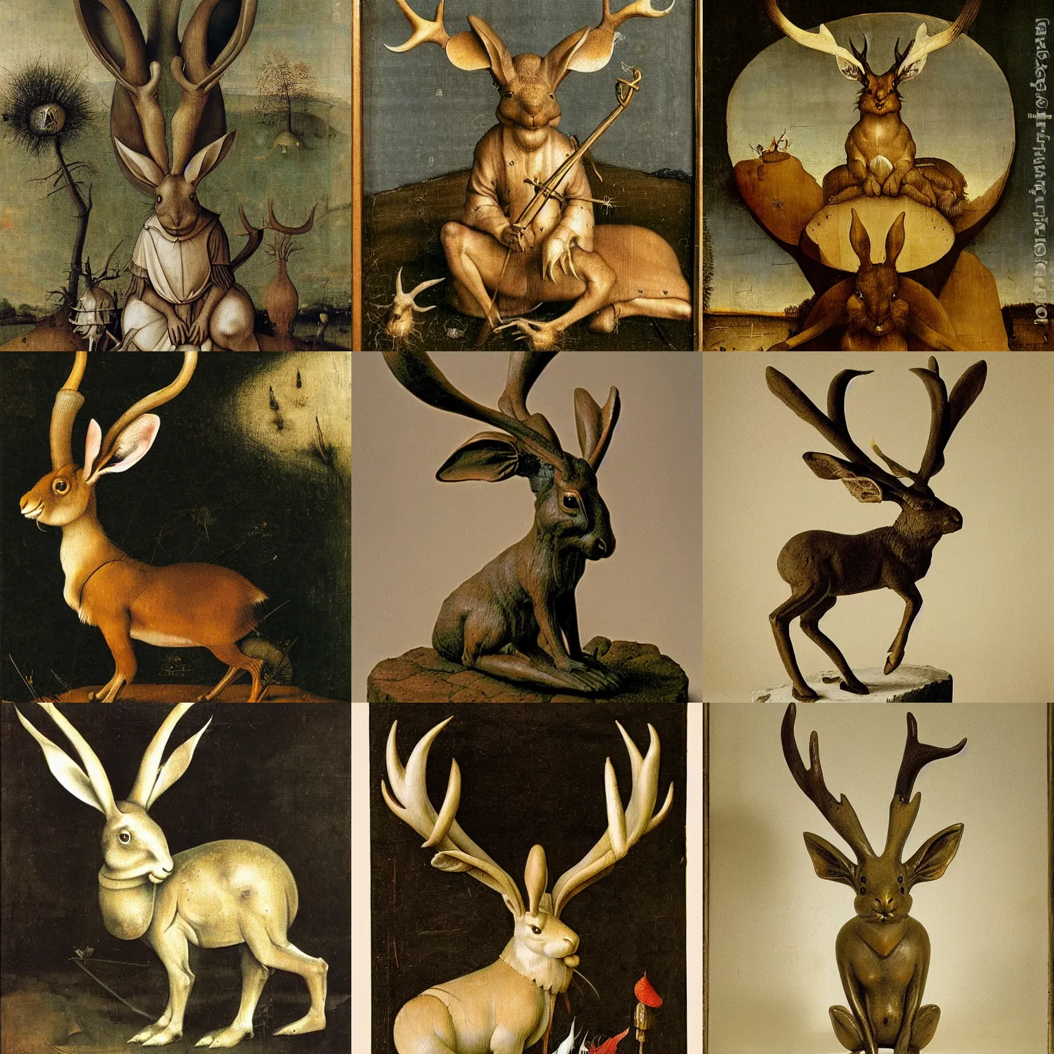 Prompt: a jackalope statue by Hieronymus Bosch