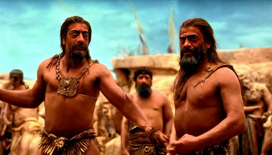 Image similar to dramatic movie stills by david lean of javier bardem as gilgamesh sumerian king facing the gods, sumerian epic movie, cinestill 8 0 0 t eastmancolor technicolor, high quality, very detailed, heavy grain, fine facial features, 8 k, octane render