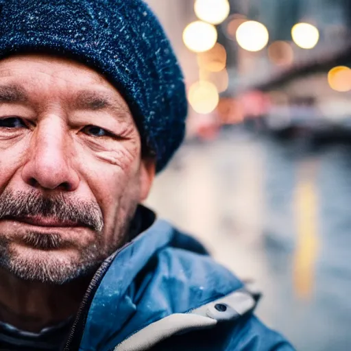 Prompt: closeup portrait of a man fishing in a rainy new york street, photography