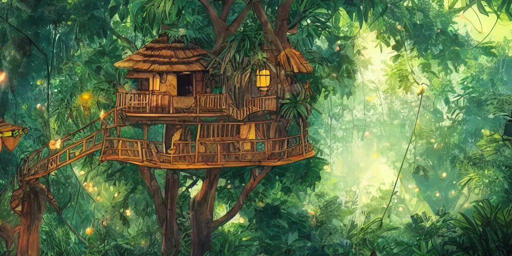 Image similar to a tree house in the jungle, sunshine, by alba ballesta gonzalez. 4 k wallpaper, digital flat 2 d, japan animation, comic book, illustration, cinematic lighting, smooth sharp focus.