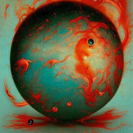 Image similar to a sphere being devoured by abstract splatters of paint in the style of francis bacon, venus being engulfed in flames in the style of james jean, surreal, beksinski, high detailed