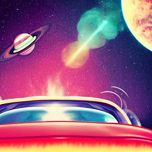 Prompt: 1960s car on a road in space driving towards a planet, synthwave