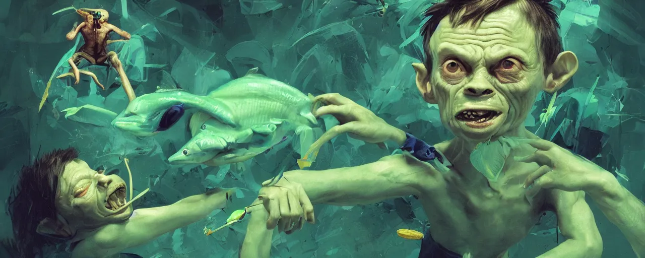 Image similar to duotone green blue illustration 3 / 4 portrait of gollum dancing and holding fish in his mouth. volumetric lighting. dynamic composition accidental renaissance golden ratio. by sachin teng and sergey kolesov and ruan jia and heng z. graffiti art, scifi, fantasy, hyper detailed. octane render. concept art. trending on artstation