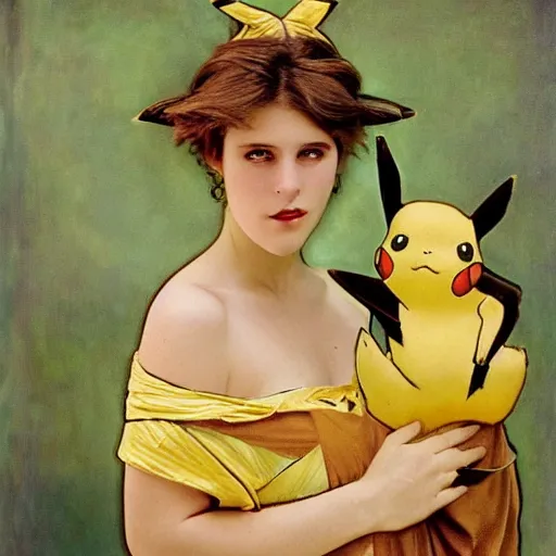 Image similar to elegant woman dressed up as pikachu art photo by Annie Liebovitz and Alphonse Mucha