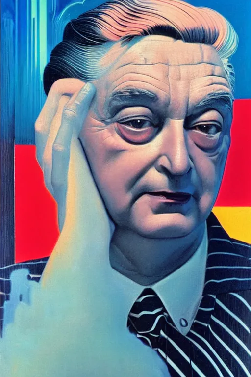 Image similar to 8 0 s art deco portrait of george soros, like a dream oil painting curvalinear clothing cinematic dramatic cyberpunk textural fluid lines otherworldly vaporwave interesting details fantasy lut epic composition by basquiat zdzisław beksinski james jean artgerm rutkowski moebius francis bacon gustav klimt