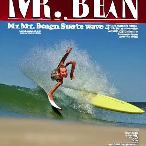 Image similar to mr bean catching a wave, cover of surfer magazine, july 2 0 1 1