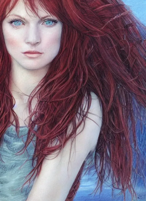 Image similar to close up portrait drawing of a ( thin young redhead woman with russian descent, sunbathed skin, with ( intricate deep blue eyes ) and ( wavy long maroon colored hair ) who looks directly at the camera with a ( slightly open mouth ) ). face takes up half of the photo. a park visible in the background. detailed 8 k art by luis royo.