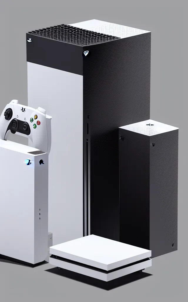 Image similar to A realistic photo of a mixture of Playstation 5 and Xbox Serie X with white background, hyperrealistic, 50mm, 1.4, kodak portra