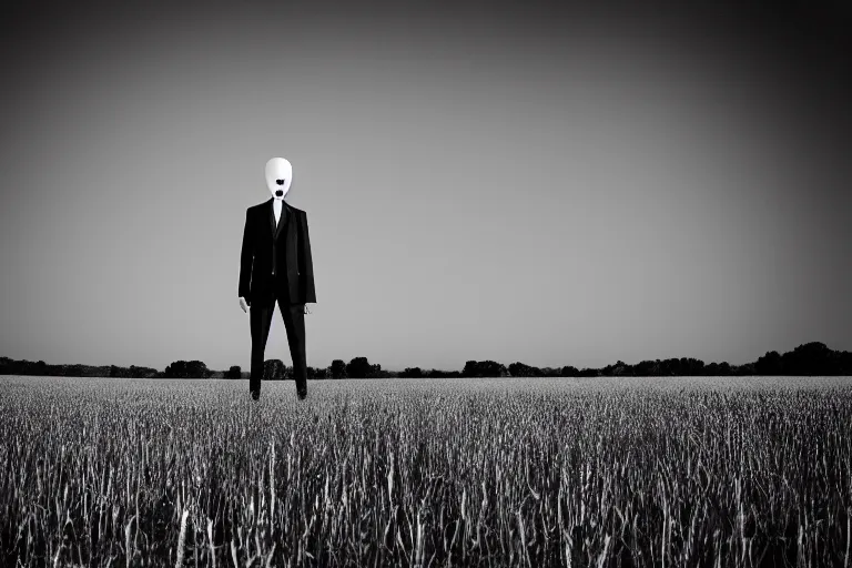 Prompt: slender man detailed alone in a field, a high contrast hyper detailed black and white studio portrait photo, shot in area x from the movie annihilation, by beau brashares, pinhole photography
