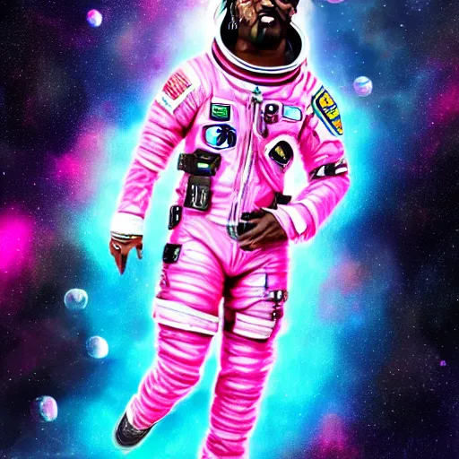 Image similar to Full body portrait of Lil Uzi Vert wearing a pink spacesuit, art by Yoshitaka Amano, matte painting, trending on artstation, space clouds art