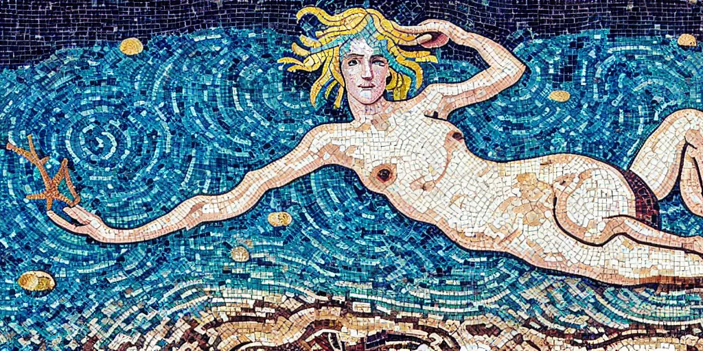 Image similar to ancient roman mosaic of bluehair mermaid with a shell bikini on sea floor, illustration by moebius, victo ngai, clean thick line, mosaic style