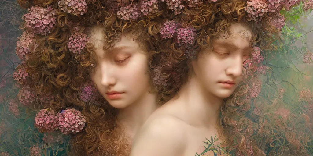 Image similar to breathtaking detailed concept art painting portrait of the goddess of hydrangea flowers, carroty curly hair, orthodox saint, with anxious piercing eyes, ornate background, amalgamation of leaves and flowers, by hsiao - ron cheng, extremely moody lighting, 8 k