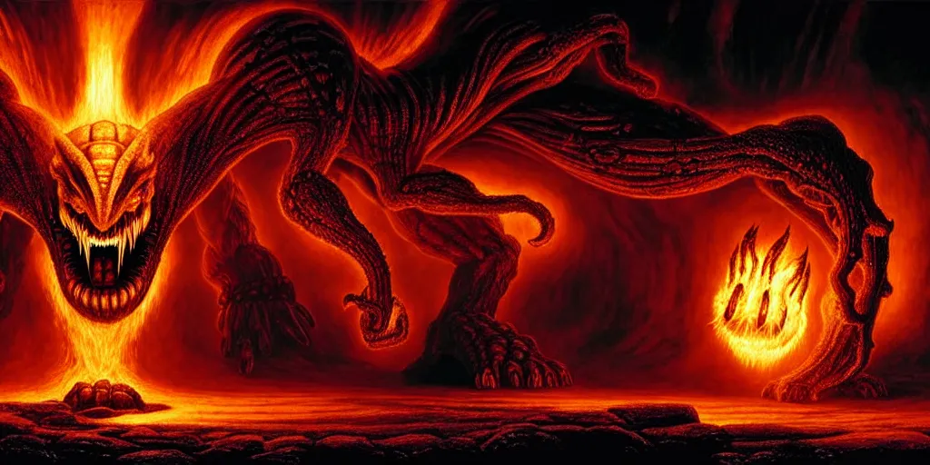 Prompt: giant balrog running through a great hall towards the camera, columns along both sides of the great hall in moria, balrog is breathing fire, style of h. r. giger, dark, cinematic