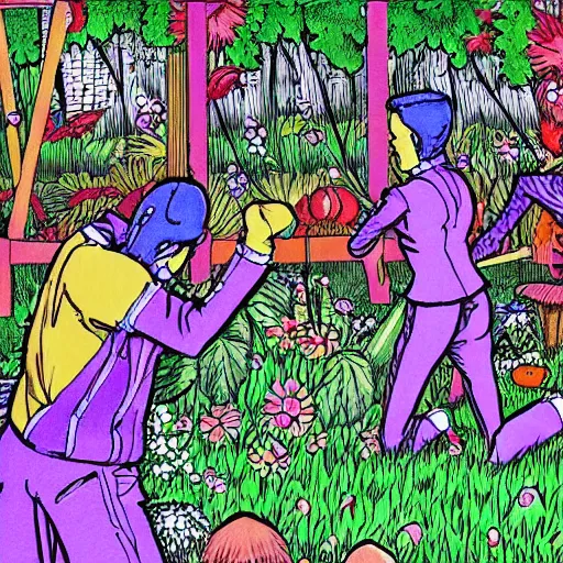 Prompt: a coloring book illustration of a fight in a garden style of junji ito