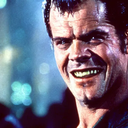 Image similar to 30 year old Jack Nicholson as Rick Deckard on blade runner 1982, movie still, in color, movie frame, light smile, detailed face, symmetrical face, 4k