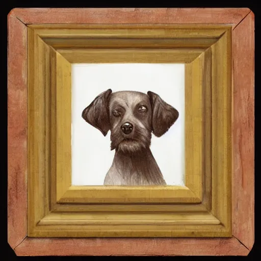 Prompt: painted wooden frame, elegant, 1 9 2 0 s, for a square picture of a happy dog 3 d render