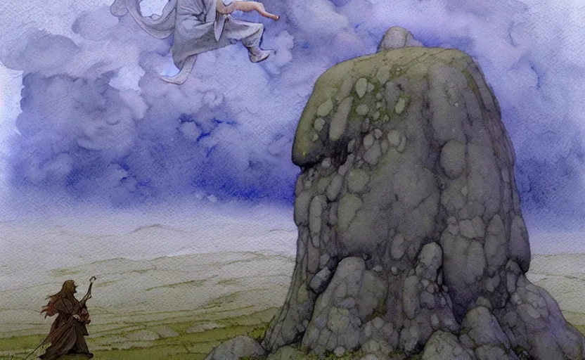 Prompt: a hyperrealist watercolour character concept art portrait of a giant grey stone floating in the air. it is a misty night on the moors of ireland. by rebecca guay, michael kaluta, charles vess and jean moebius giraud